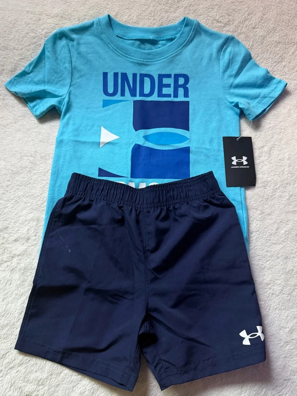 Under Armour Boys Aqua Graphic Tee with Navy Athletic Shorts